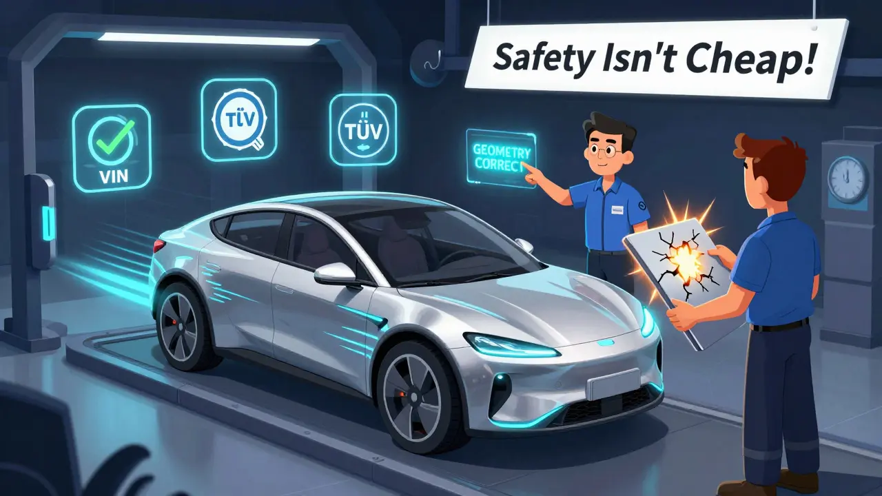 Электромобиль на диагностическом стенде, техники проверяют геометрию кузова, вокруг — значки проверки и защиты.