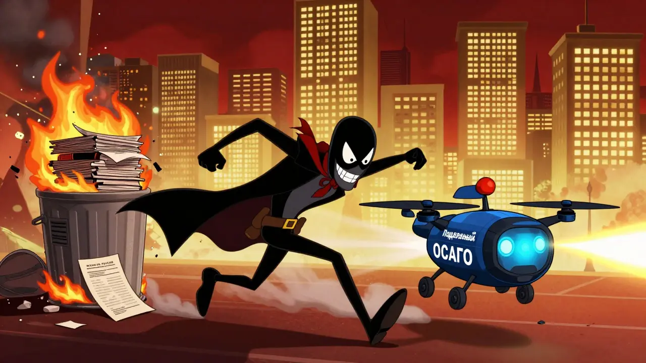 Фальшивый полис ОСАГО сгорает, за ним гонится цифровой дрон с документами.