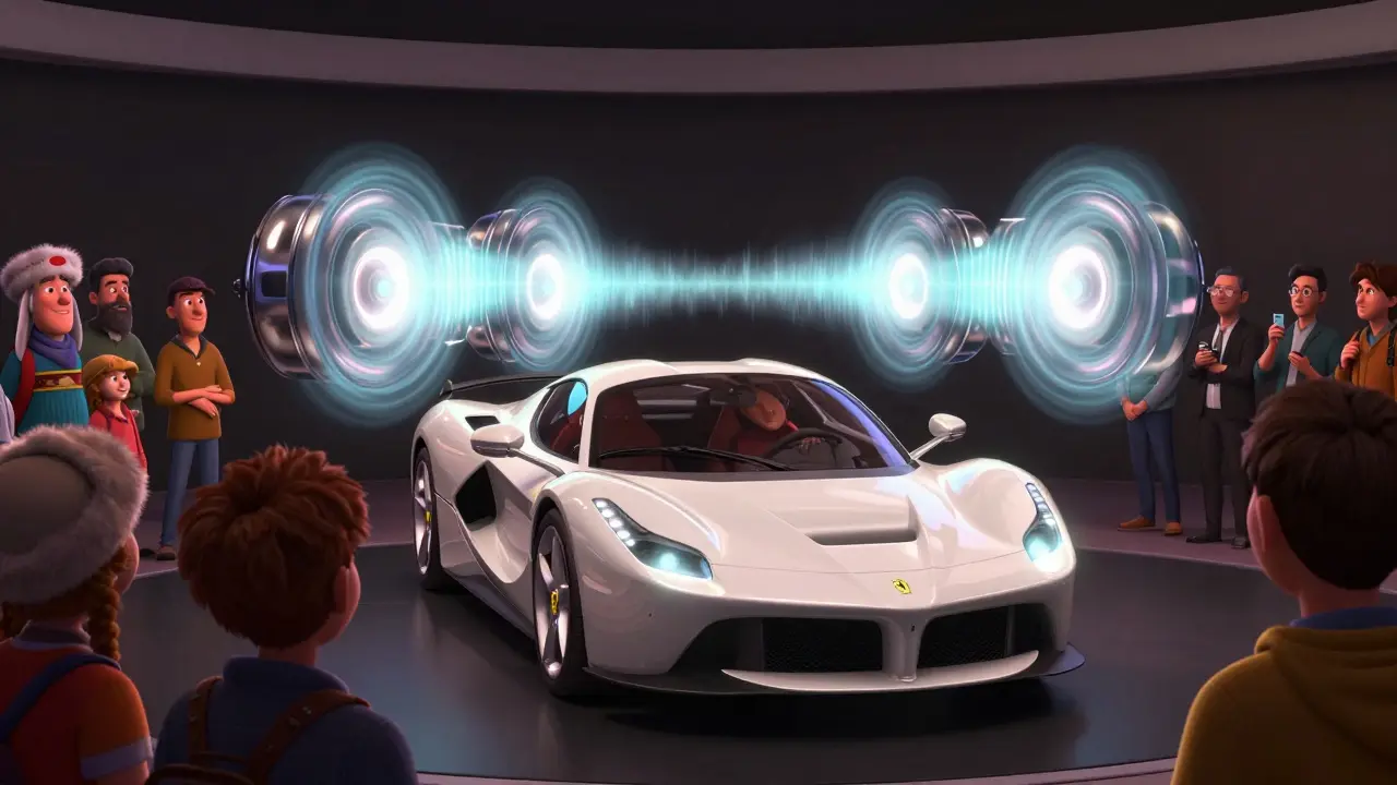 Ferrari Elettrica at Paris Motor Show emitting soundwaves, crowd in awe under glowing lights.