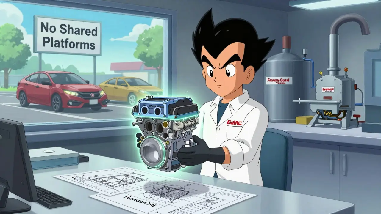 Honda engineer holding a proprietary hybrid engine, Civic and Accord driving past 'No Shared Platforms' sign.