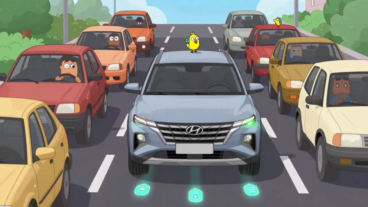 Hyundai Tucson 2026 плавно останавливается и снова трогается в пробке без участия водителя, вокруг — другие автомобили с напряжёнными водителями.