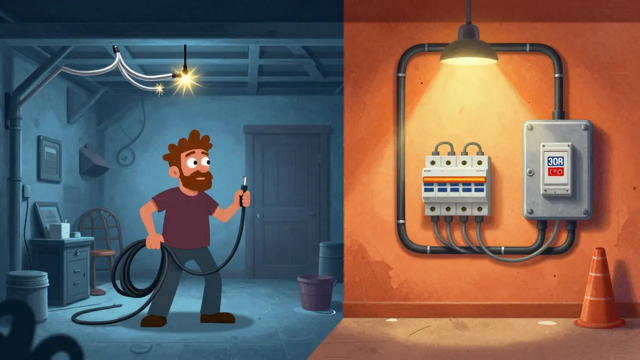 Контраст между опасной старой проводкой и безопасной современной системой в гараже с выделенными цепями и защитными устройствами.