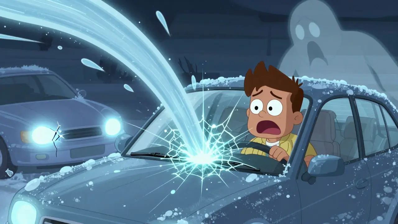 Лобовое стекло автомобиля трескается от горячей воды, водитель в панике смотрит на повреждение.