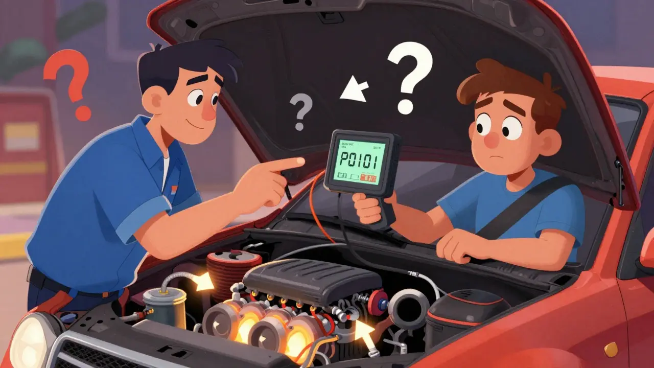 Механик объясняет данные датчиков на планшете, а водитель смотрит на простой сканер — вокруг них летают стрелки, показывающие неисправности.