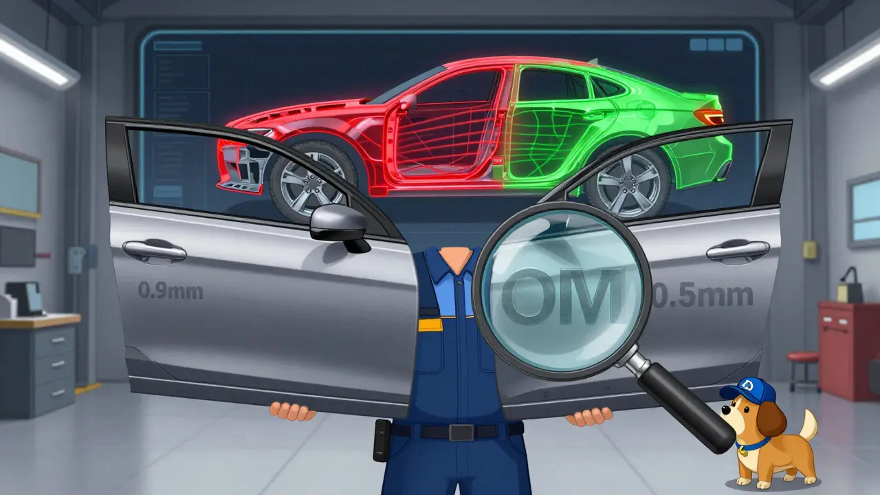 Механик сравнивает две двери: оригинальную и дешевую, с увеличением, показывающим разницу в толщине металла.