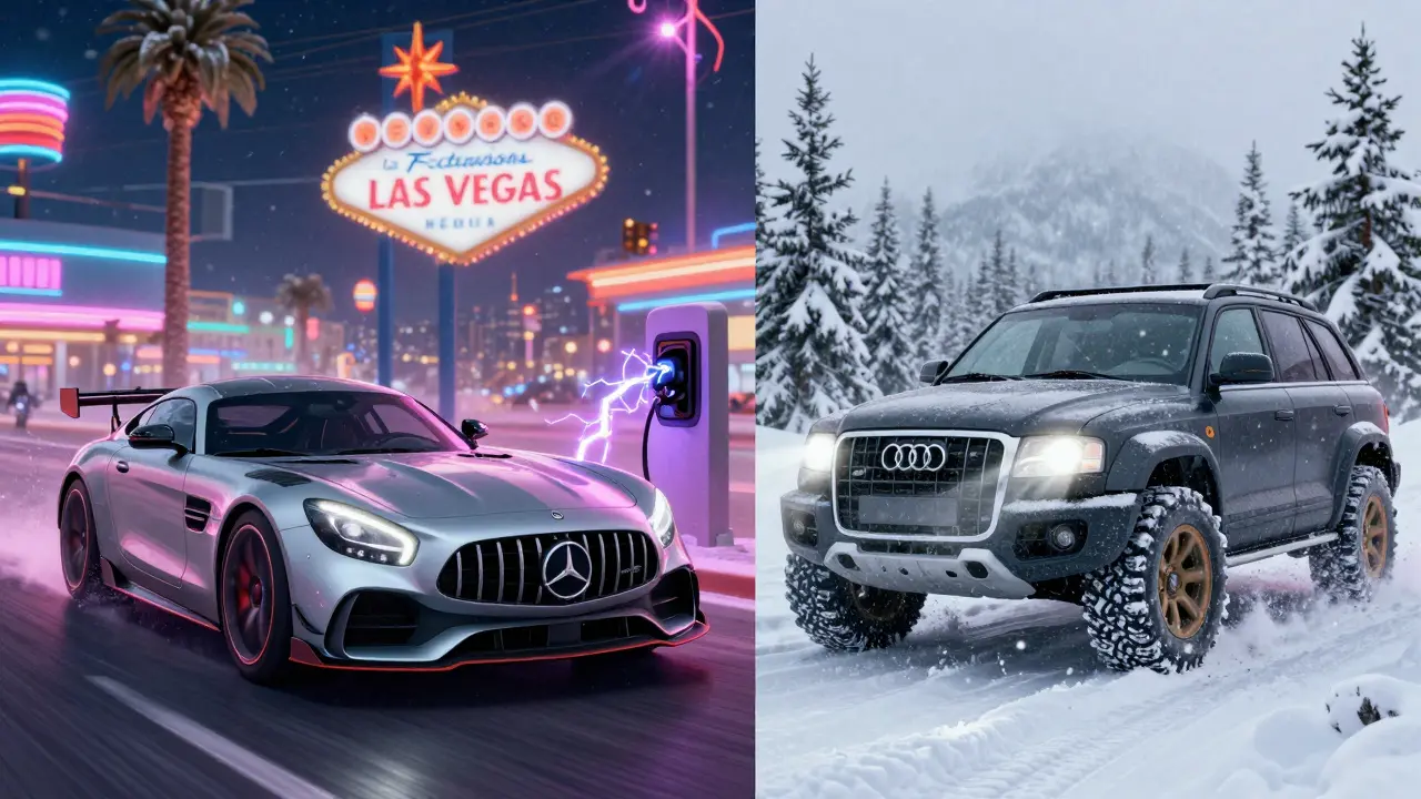 Mercedes-AMG GT XX speeding on neon strip while Audi Q9 plows through snow, showcasing dual power technologies.