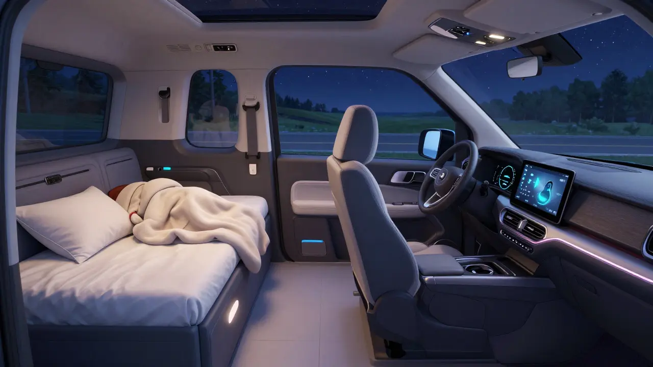 Минивэн превратился в спальню: все сиденья убраны, ровный пол, светящиеся порты, ночь за окном.