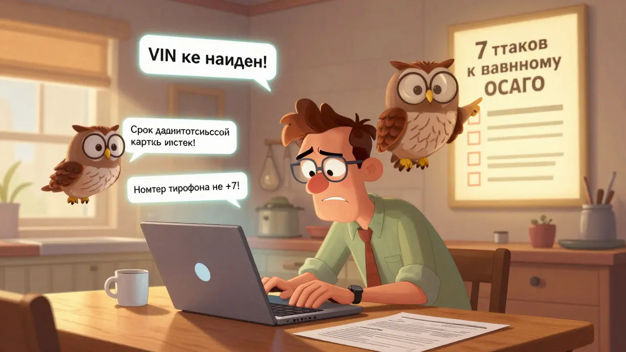 Мужчина за компьютером смотрит на ошибки оформления ОСАГО, рядом с ним сова с подсказками помогает избежать ошибок.