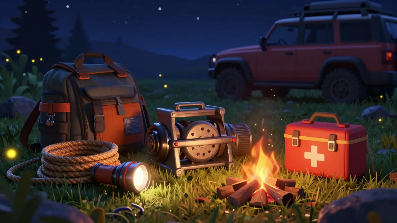 Наборы инструментов и снаряжение для экспедиции у костра ночью