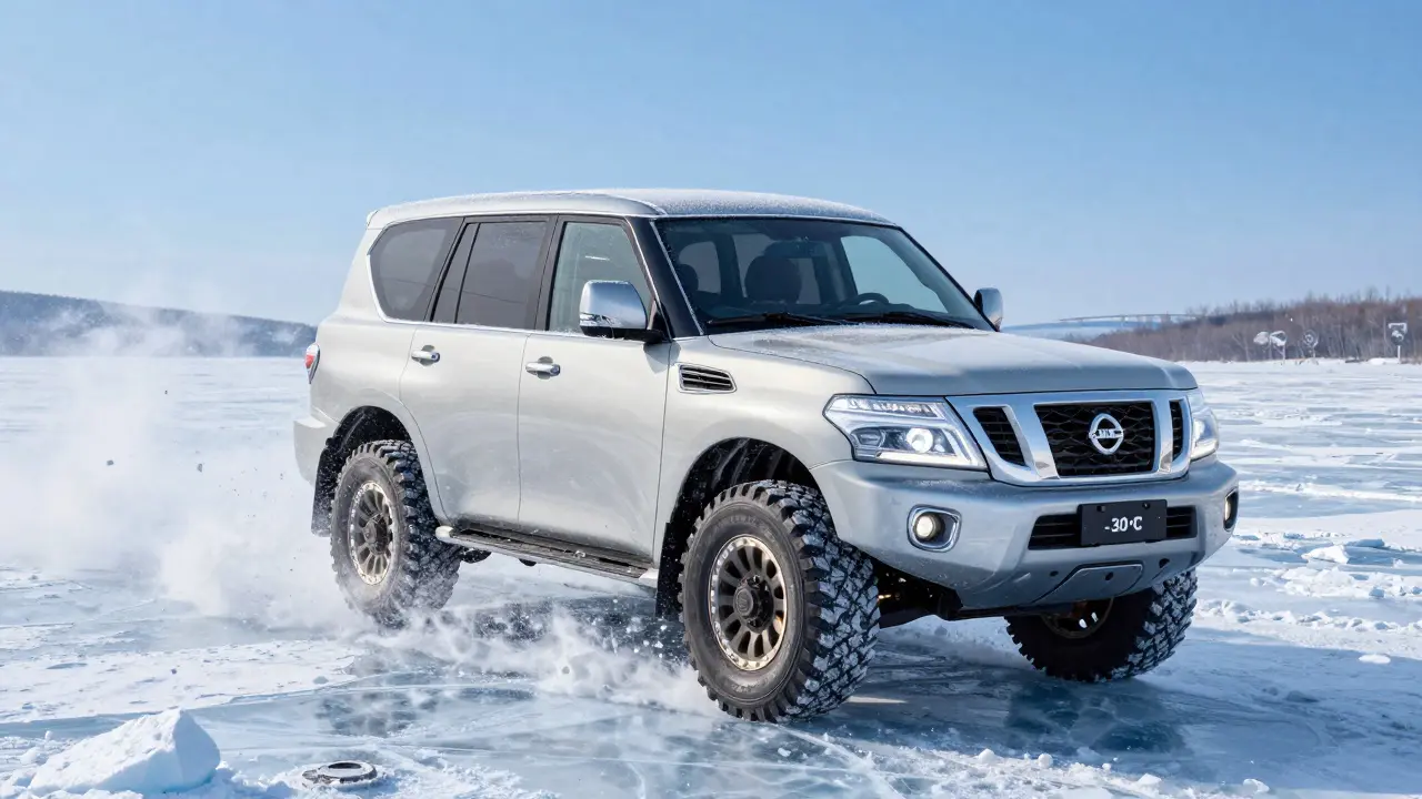 Nissan Patrol on frozen lake with mechanical 4WD engaged, snow flying behind it in -30°C conditions.