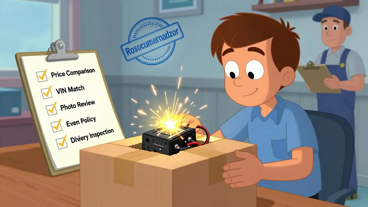 Покупатель вскрывает посылку с неисправным ЭБУ, рядом — светящийся чек-лист проверки запчастей.