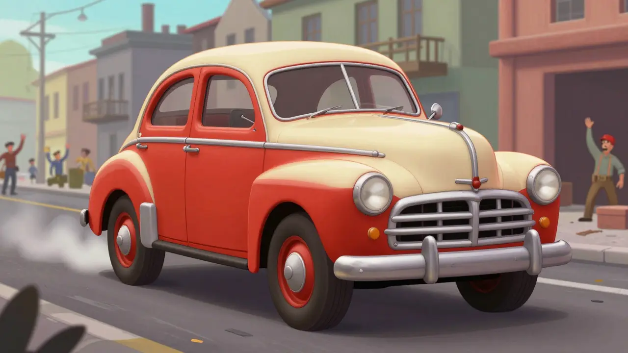 Советская 'Победа' 1946 года с плавными формами и без выступов, едет по постсоветскому городу, символизируя простоту и прогресс.