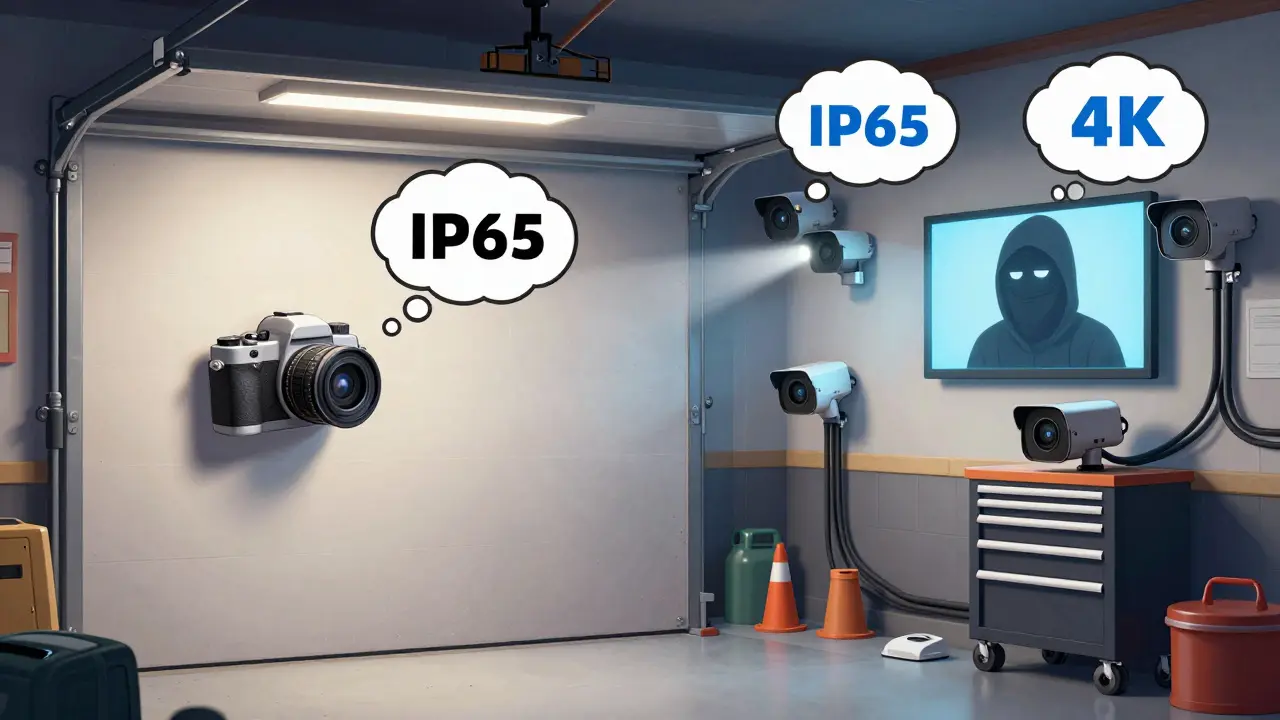 Сравнение дешевой и продвинутой систем безопасности гаража в мультяшном стиле.