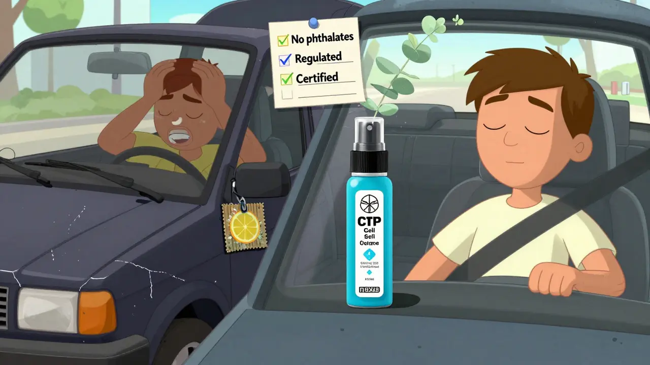 Сравнение опасного и безопасного ароматизатора в машине: один вызывает боль, другой — спокойствие.