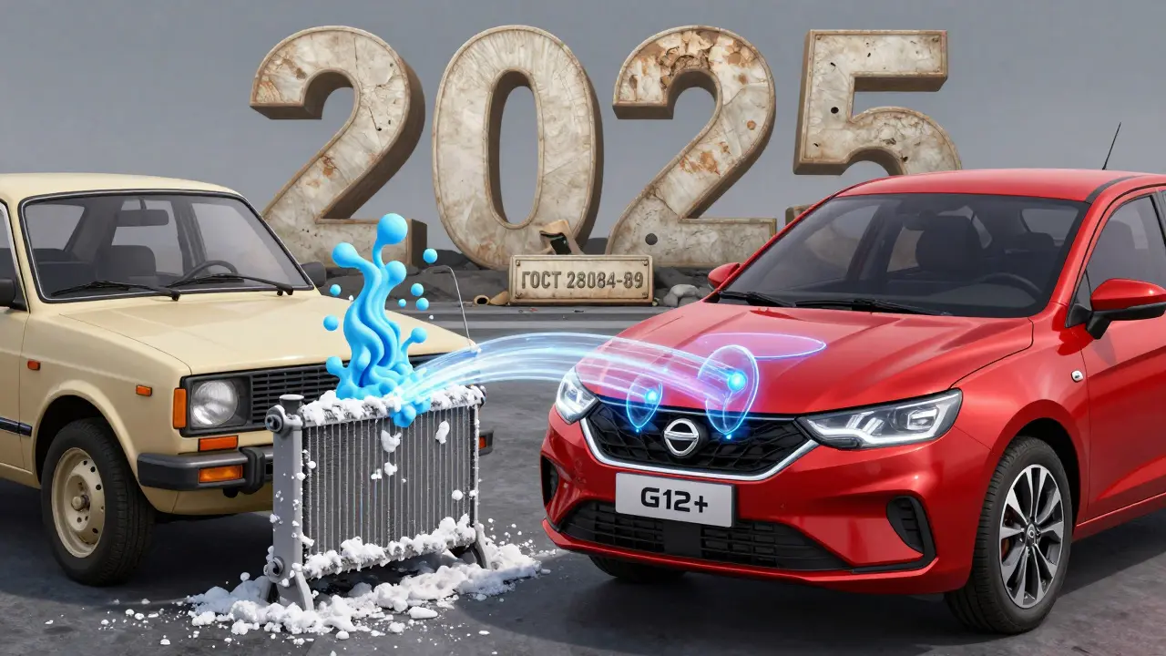 Сравнение старого Лады с забитым радиатором и современной Лады Весты с чистой системой охлаждения, на фоне символа 2025 года.