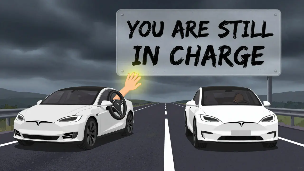 Сравнение: Tesla с нестабильным удержанием полосы на мокрой дороге слева, TENET идеально держит полосу справа, предупреждение 'Вы всё ещё в ответе' сверху.