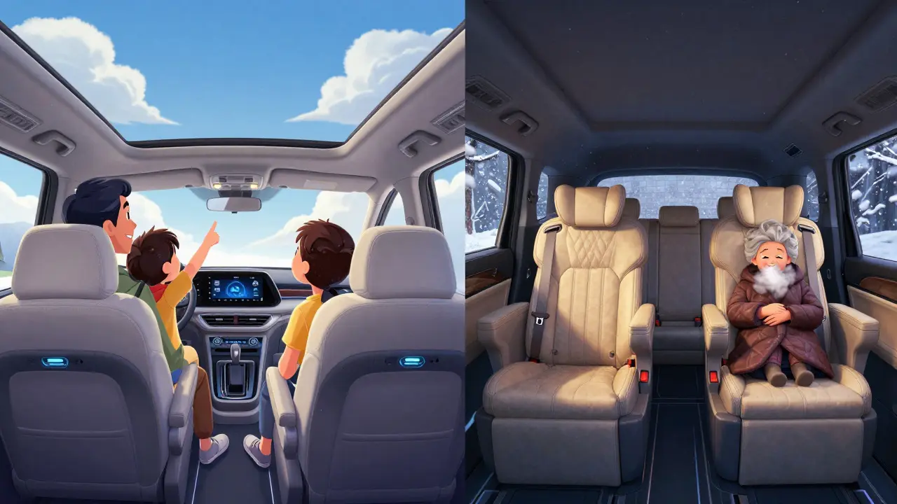 Сравнение: в одном минивэне тепло и светло, в другом — холодно и неудобно для третьего ряда.