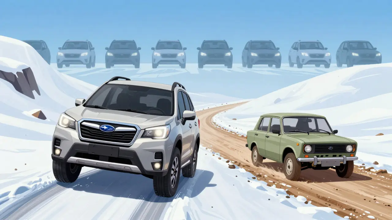 Subaru Forester and Lada Azimut driving independently through harsh terrain, away from generic electric cars.