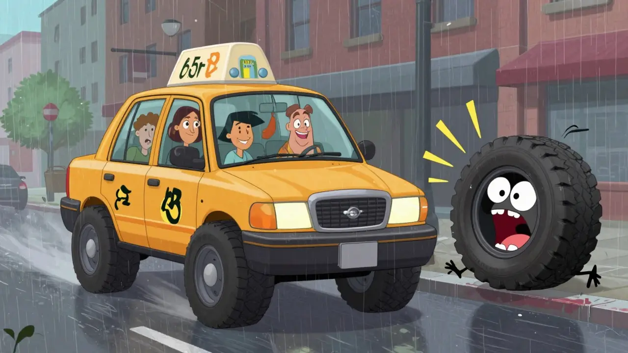 Такси с тихими шинами едет по дождливой улице, пассажиры улыбаются, а рядом ревёт громкая шина.