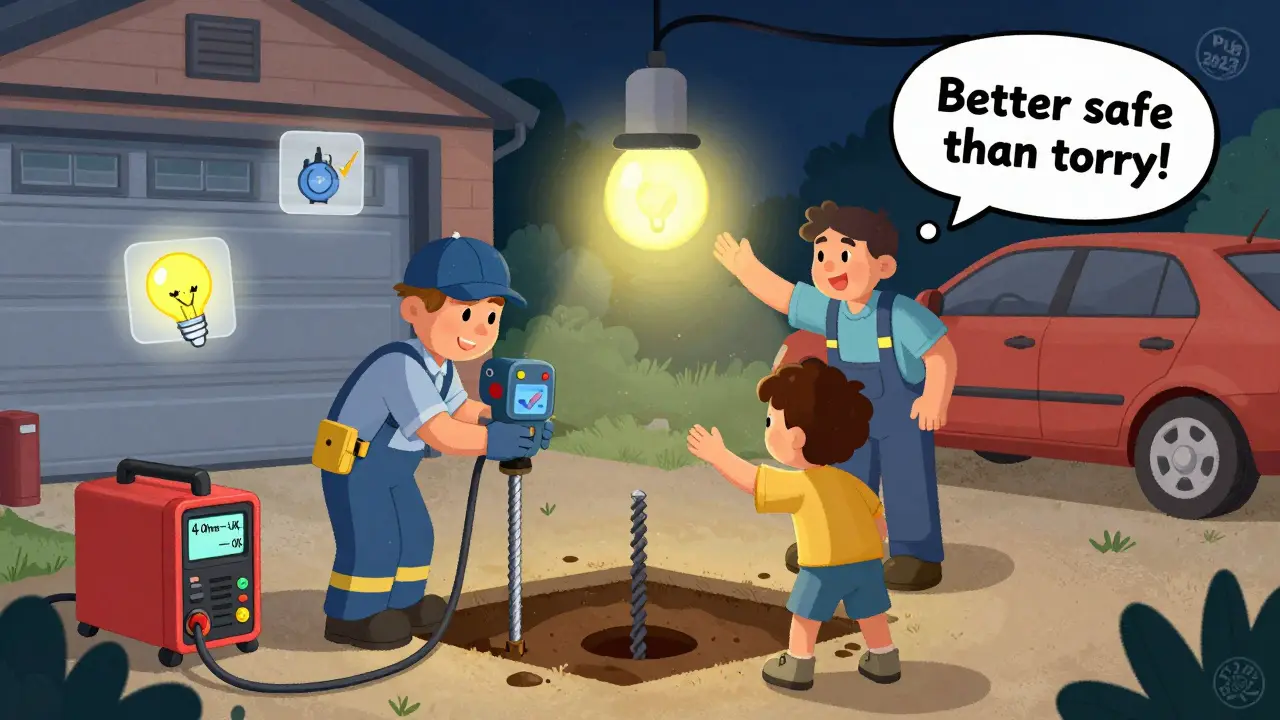 Техник устанавливает заземляющий стержень, а в смотровой яме горит безопасная низковольтная лампа.