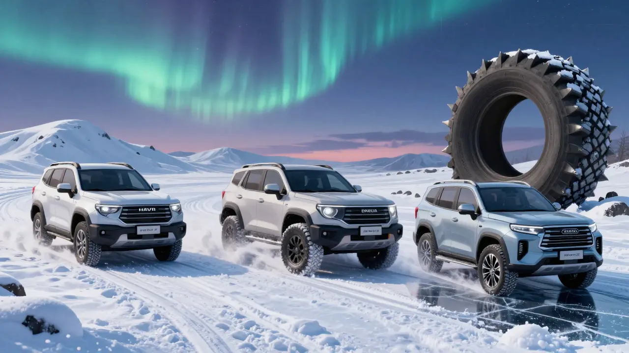 Three crossovers on snowy track: HAVAL succeeds, Omoda spins, Exeed slips — giant spiked tires loom nearby.