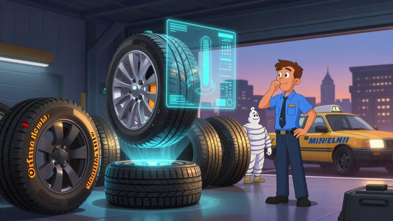 Умная шина с голографическим дисплеем над гаражом, рядом стоят брендовые покрышки Continental, Michelin, Bridgestone.