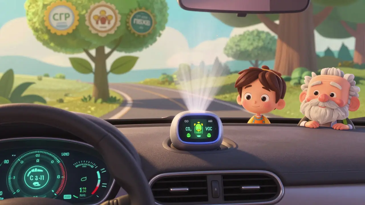 Умный ароматизатор в машине показывает качество воздуха, а пассажиры улыбаются в уютном салоне.