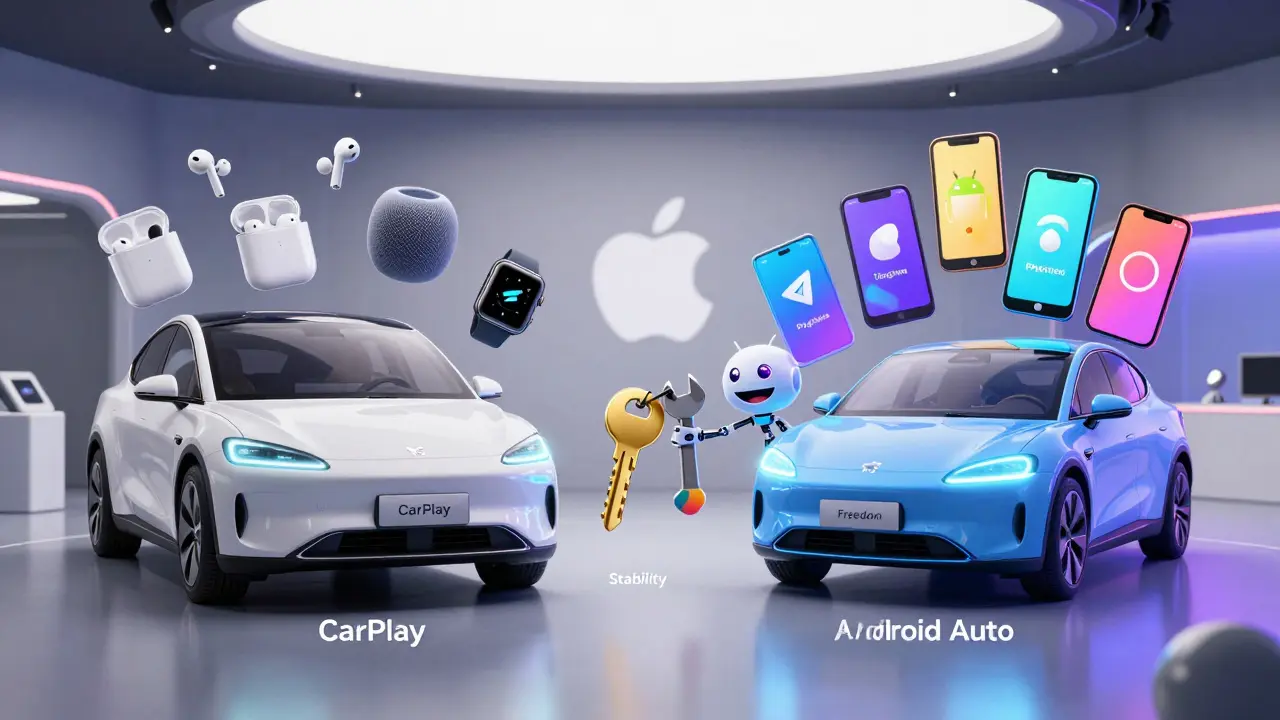 В автосалоне два автомобиля с интерфейсами CarPlay и Android Auto, вокруг них плавают иконки устройств Apple и Android.