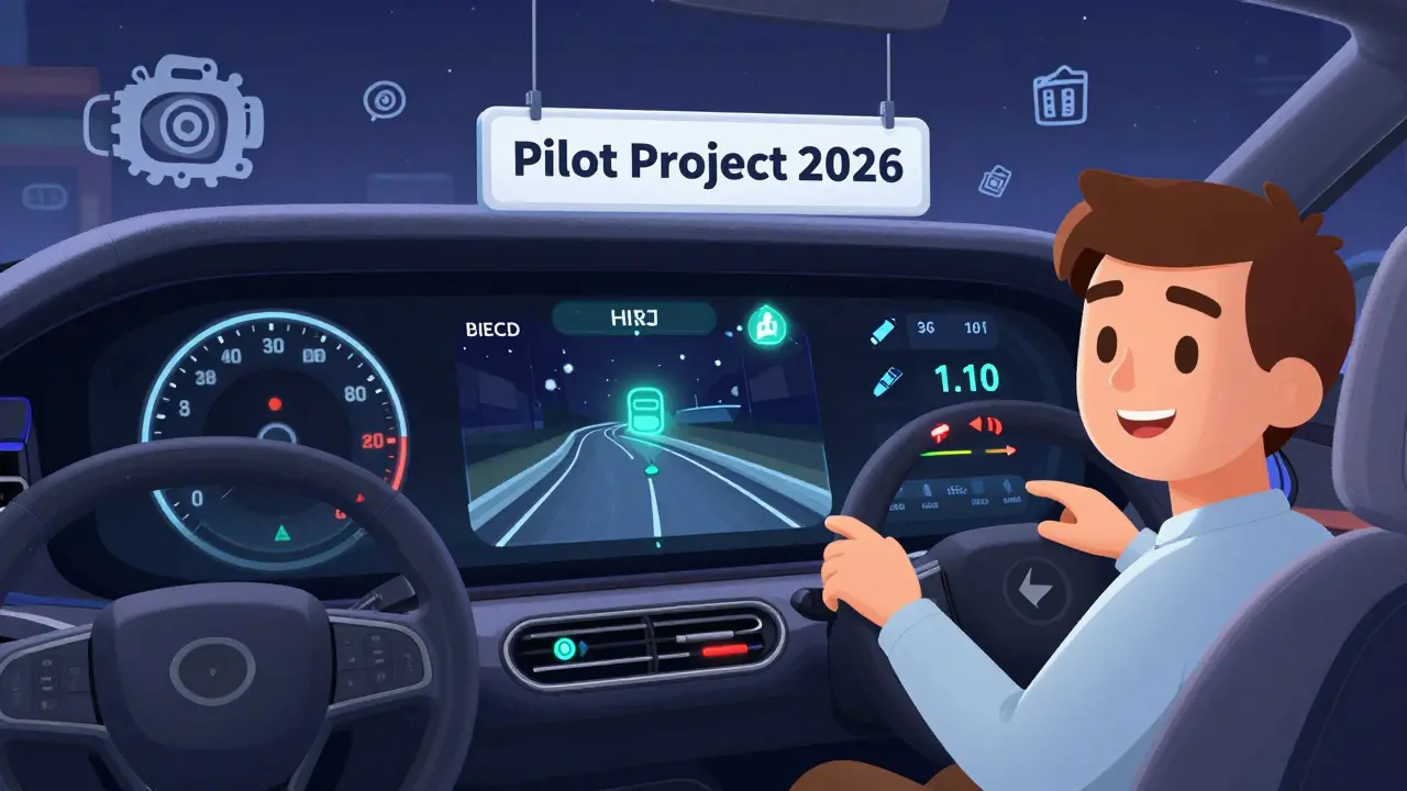 Внутри машины с интерактивной панелью: система снижает стоимость страховки, когда водитель едет спокойно, рядом — значки мощности, пассажиров и сезонности.