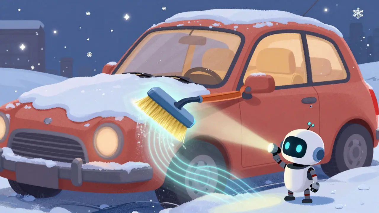 Водитель использует подогреваемую щетку для очистки автомобиля, рядом — робот проверяет выхлопную трубу.