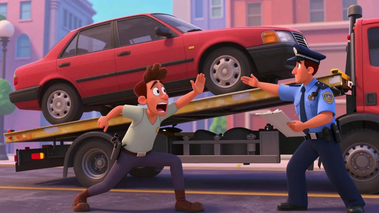 Водитель останавливает инспектора рядом с грузом эвакуатора