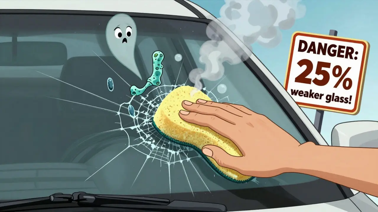 Водитель трёт сухое стекло губкой, на стекле видны царапины и предупреждающие знаки.