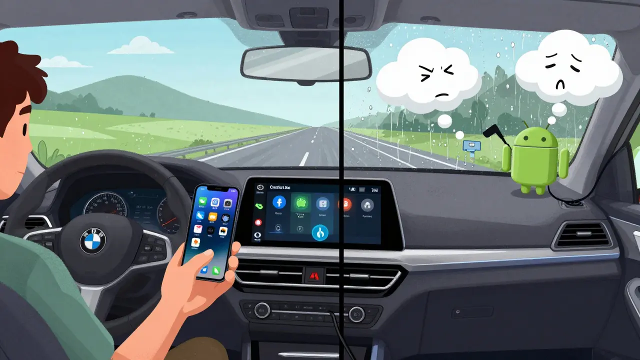 Водитель в машине смотрит на мерцающий экран Android Auto, рядом лежит кабель, за окном — дождь.