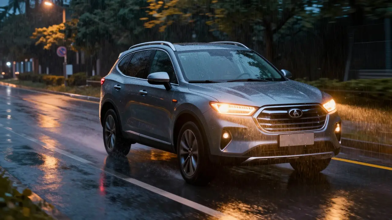 Авто с теплыми фарами безопасно едет по ночной трассе