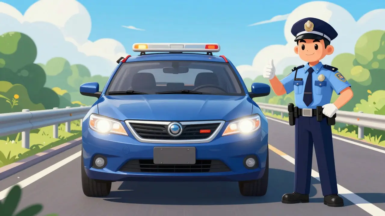 Автомобиль с легальными дневными ходовыми огнями на солнечной дороге