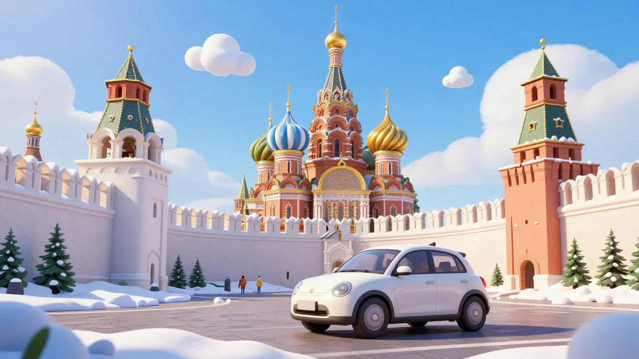 Белый автомобиль на фоне древних белокаменных стен и золотых куполов Золотого кольца.