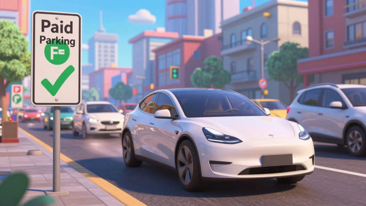 Электромобиль бесплатно паркуется в центре современного города