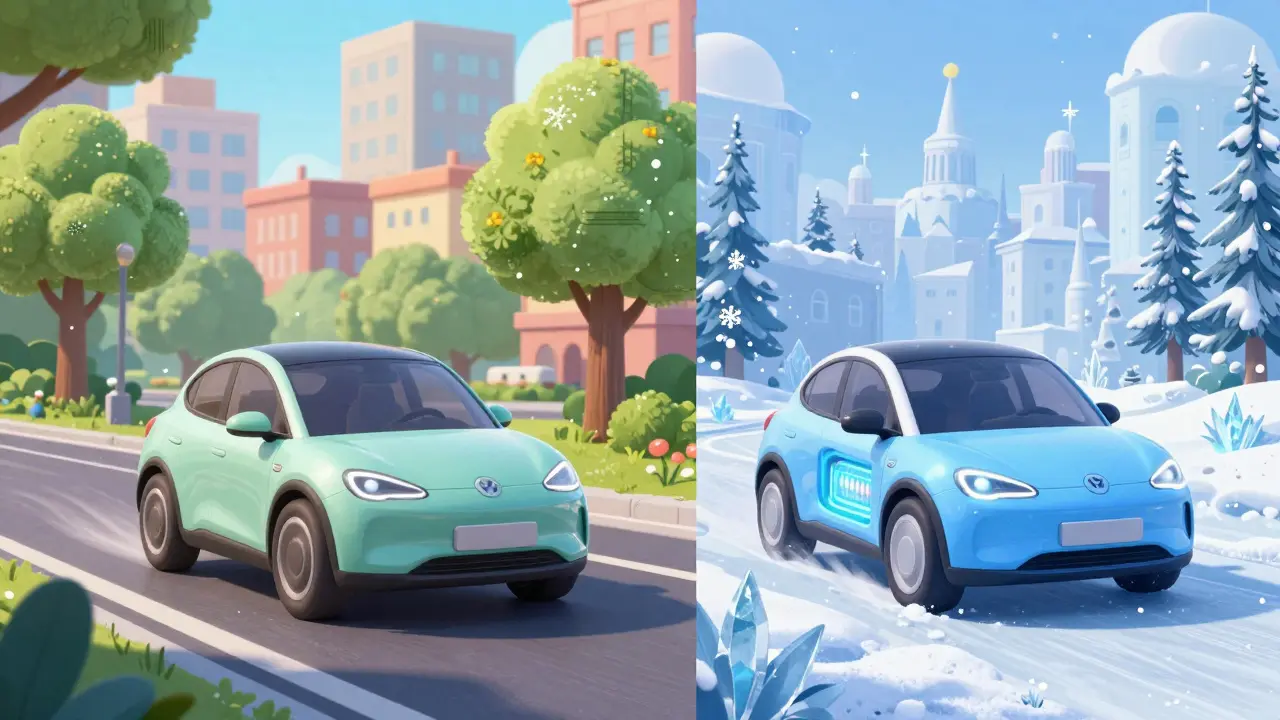 Электромобиль летом и зимой, демонстрируя влияние климата на батарею