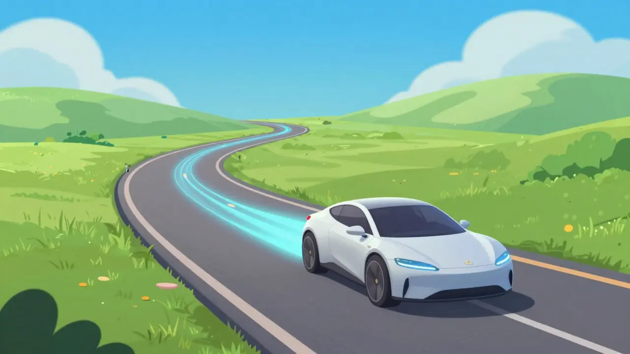Футуристичный электромобиль уверенно едет по извилистой дороге