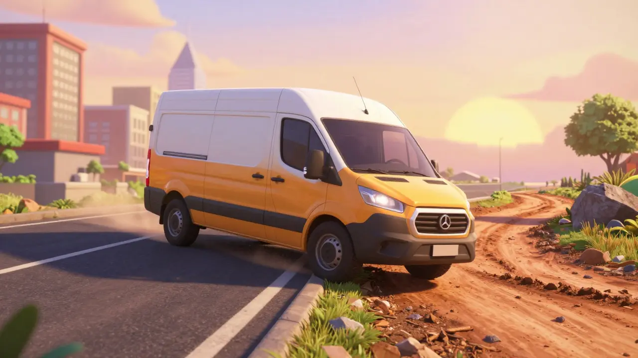 Коммерческий автомобиль, едущий по городским и проселочным дорогам