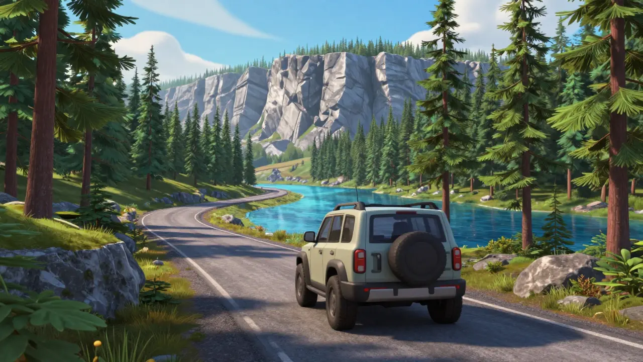 Кроссовер едет по живописной дороге Карелии среди соснового леса и голубых озер.