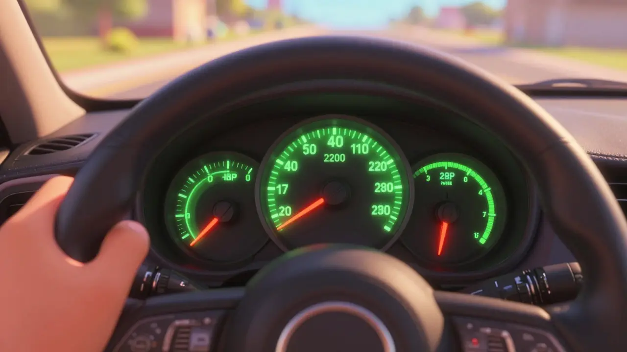 Крупный план тахометра автомобиля во время тест-драйва