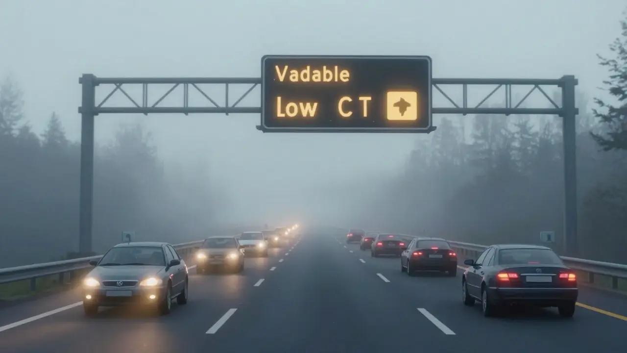 Машины едут с большой дистанцией на трассе с электронным табло рекомендуемой скорости в тумане.