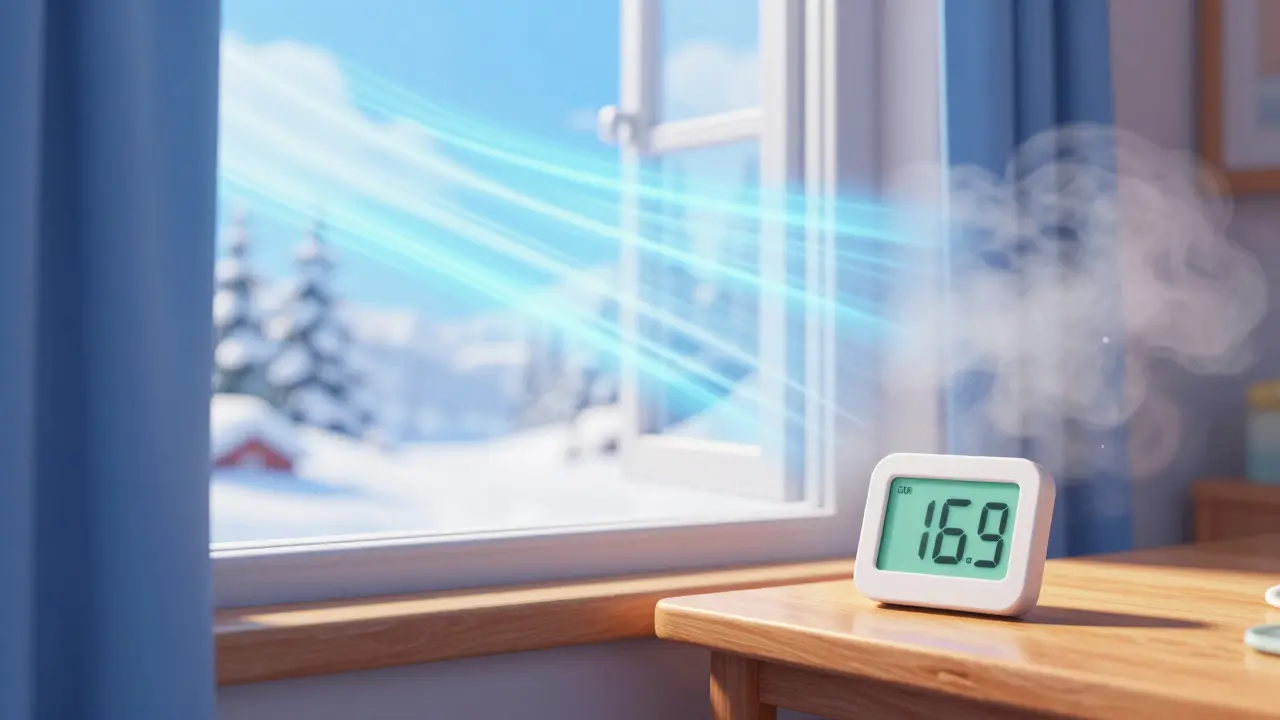 Открытое окно для проветривания комнаты и гигрометр на столе