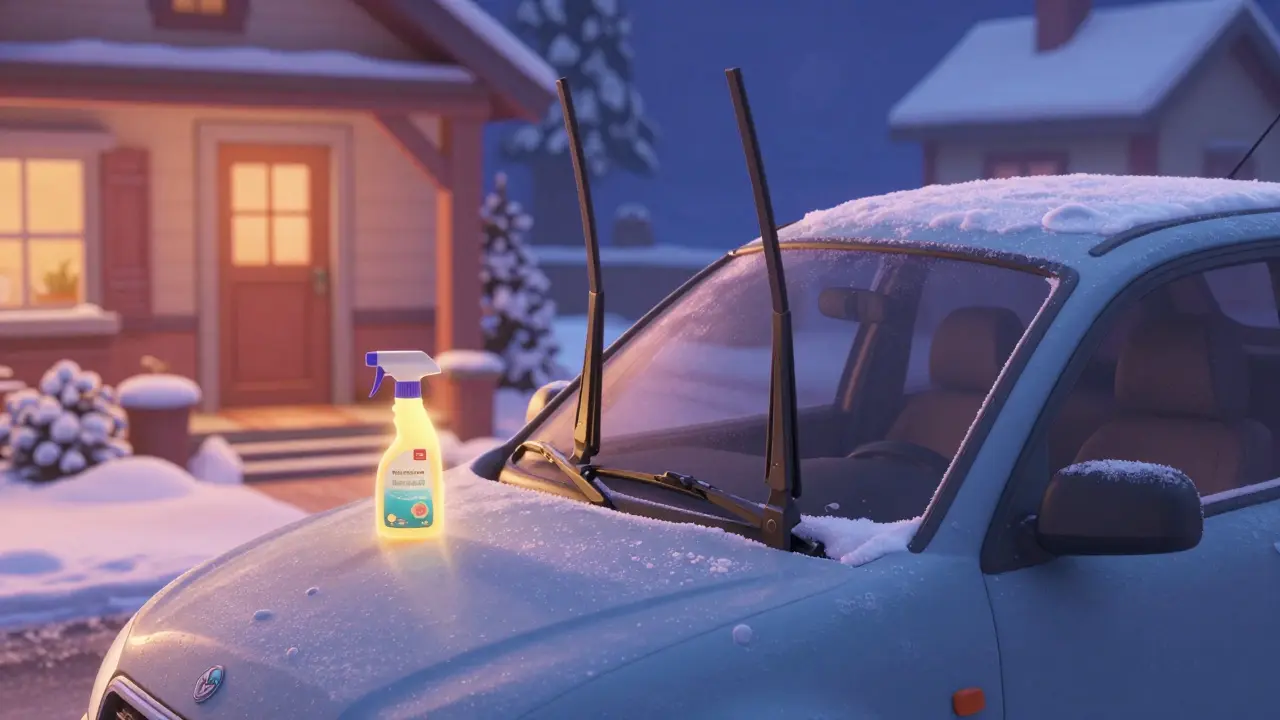 Подготовленный к зиме автомобиль с поднятыми дворниками в снежный вечер