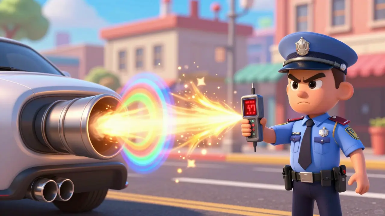 Полицейский замеряет уровень шума громкого автомобиля с помощью шумомера