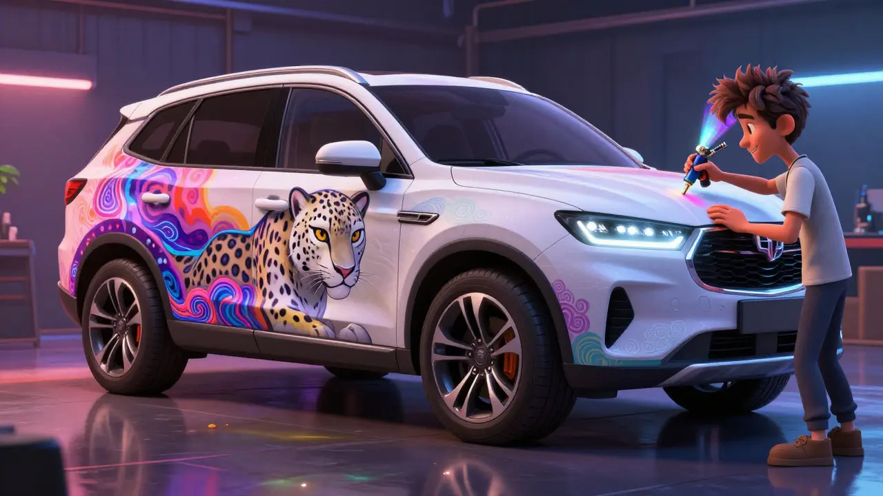 Процесс нанесения яркого рисунка с барсом на кузов внедорожника