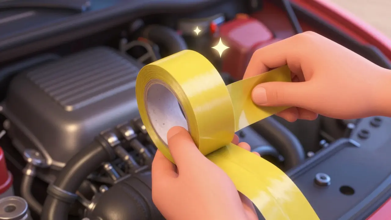 Процесс обмотки протекающего патрубка автомобиля силиконовой лентой