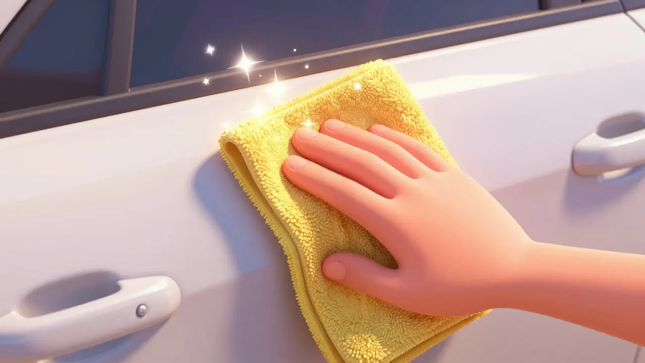 Процесс полировки автомобиля желтой микрофиброй до блеска в стиле 3D анимации