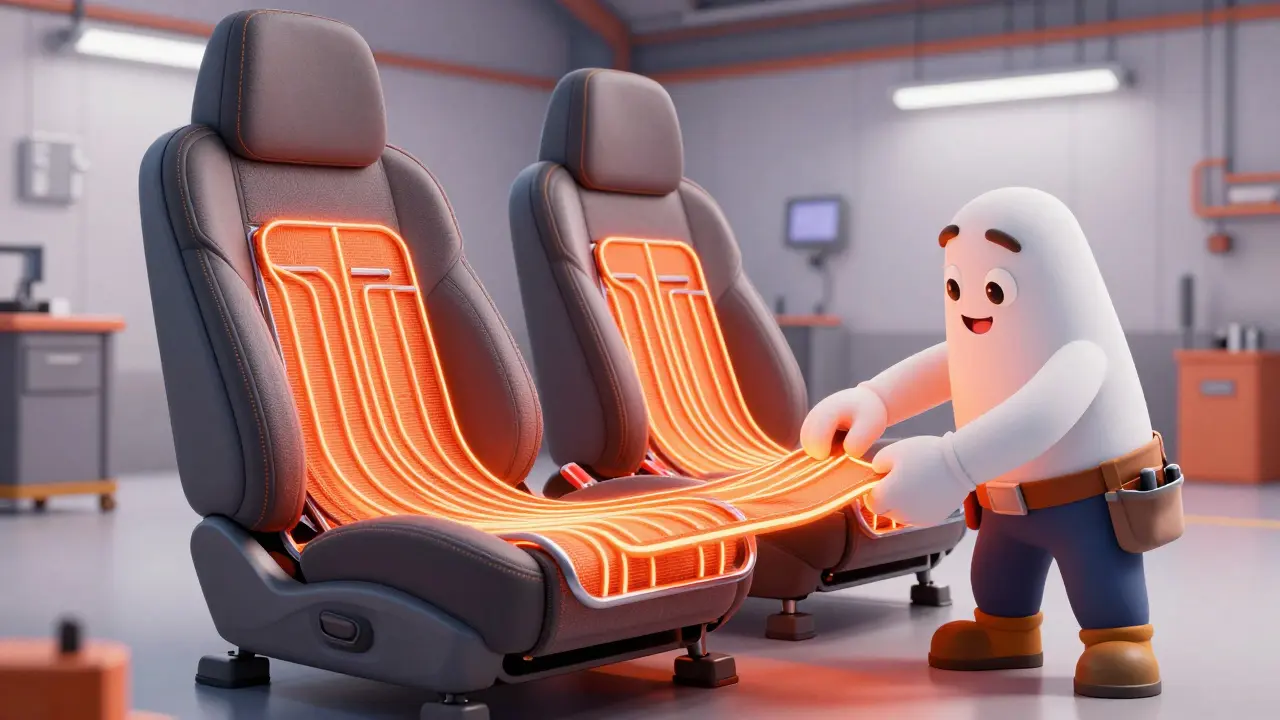 Процесс установки нагревательного мата под обивку автомобильного сиденья